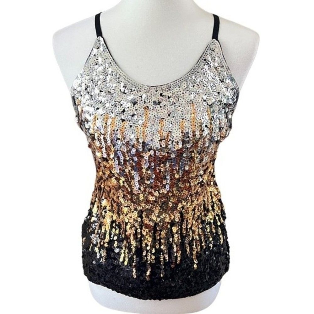 MANER Women's Sequin Ombre Tank Top Silver Gold Black Halter‎ Neck Party S